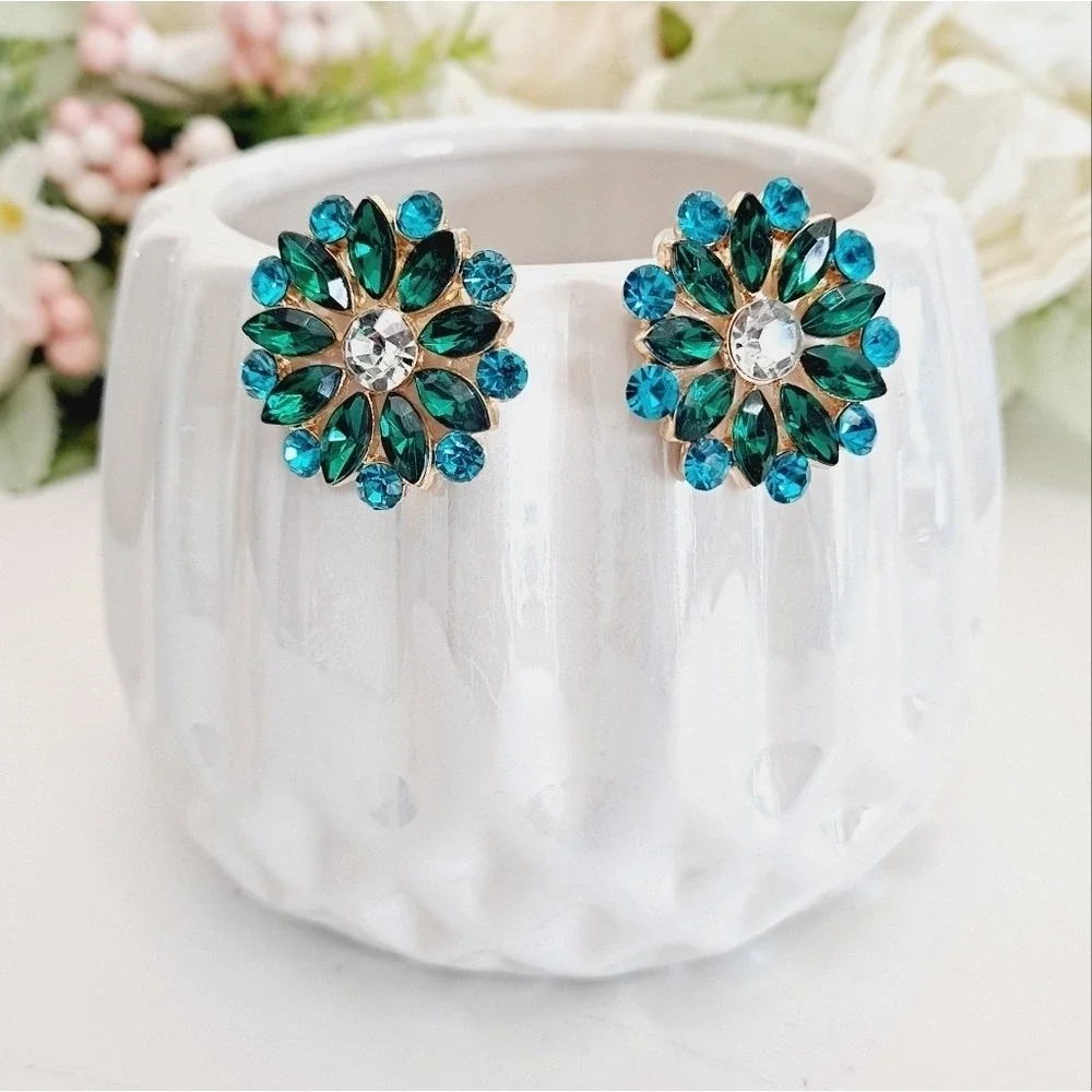 Green Turquoise Rhinestone Cluster Flower Statement Stud Earrings formal prom 💖